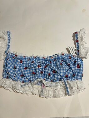 Urban Outfitters Blue Gingham Smocked Top with Cherry Print